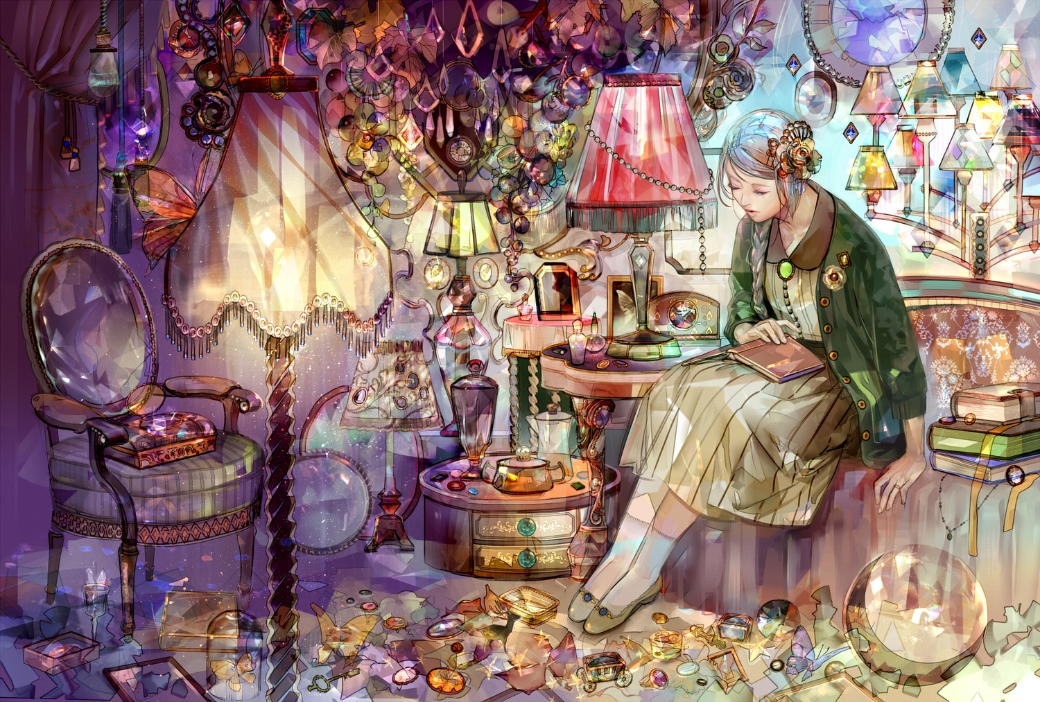 book, braids, butterfly, long_hair, original, saiga_tokihito, scenic, white_hair