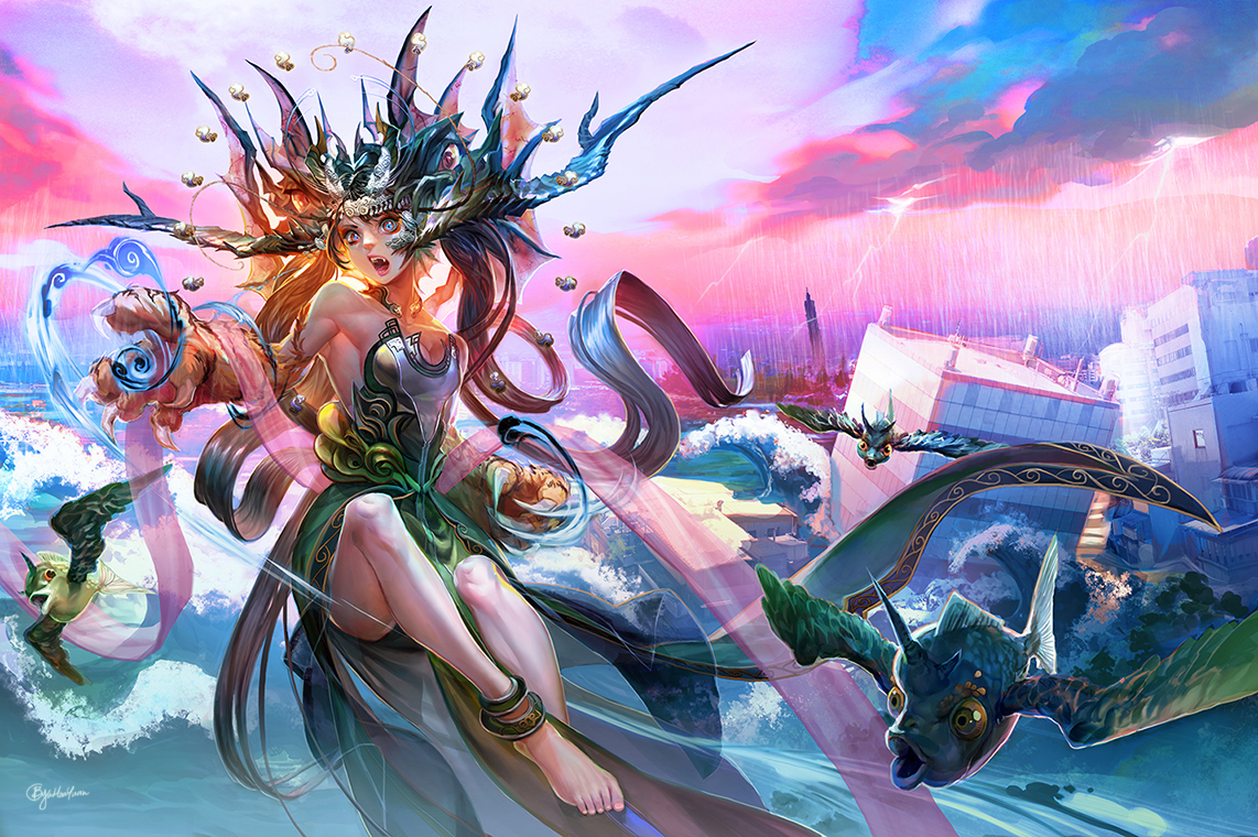 animal, barefoot, b.c.n.y., blue_eyes, breasts, building, cleavage, fang