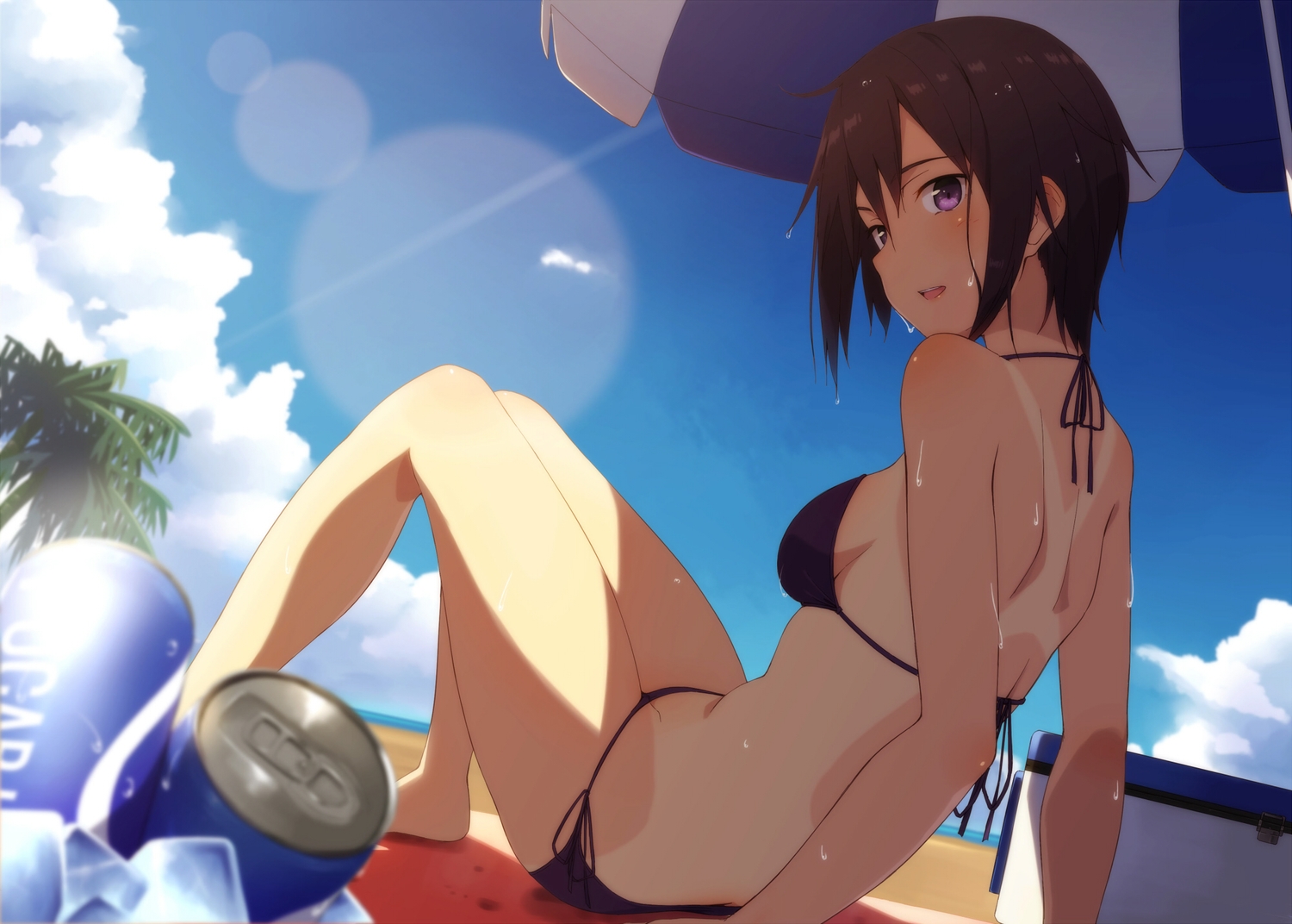 beach, bikini, black_hair, drink, kinta_(distortion), original, purple_eyes, short_hair, summer, swimsuit, tan_lines, umbrella, wet