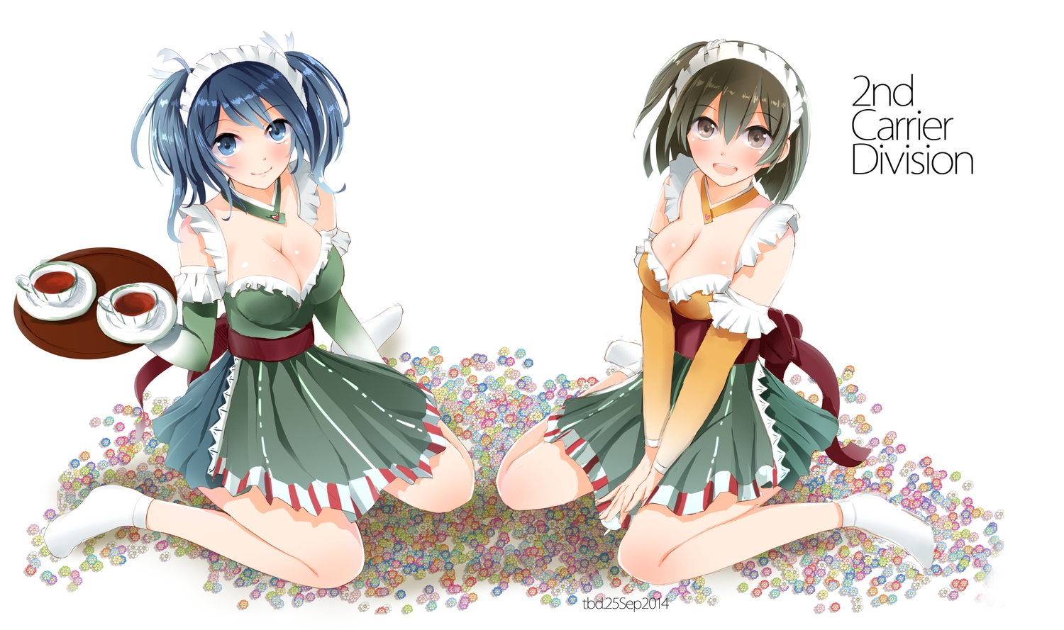 2girls, anthropomorphism, breasts, cleavage, drink, headdress, hiryuu_(kancolle), kantai_collection
