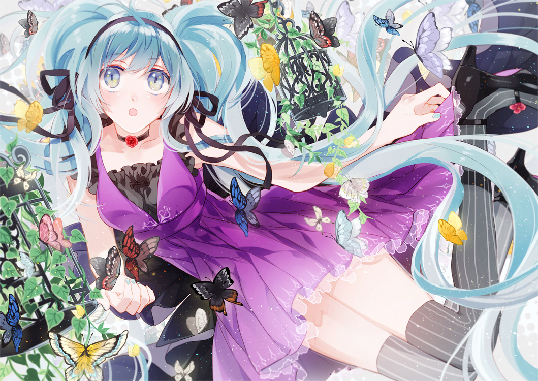 blue_eyes, blue_hair, butterfly, choker, dress, hatsune_miku, headband, kurisu_takumi