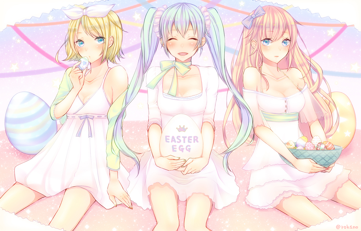 akatsuki_rokino, blonde_hair, blue_eyes, blue_hair, blush, bow, breasts, cleavage, dress, hatsune_miku, kagamine_rin, megurine_luka, pink_hair, vocaloid