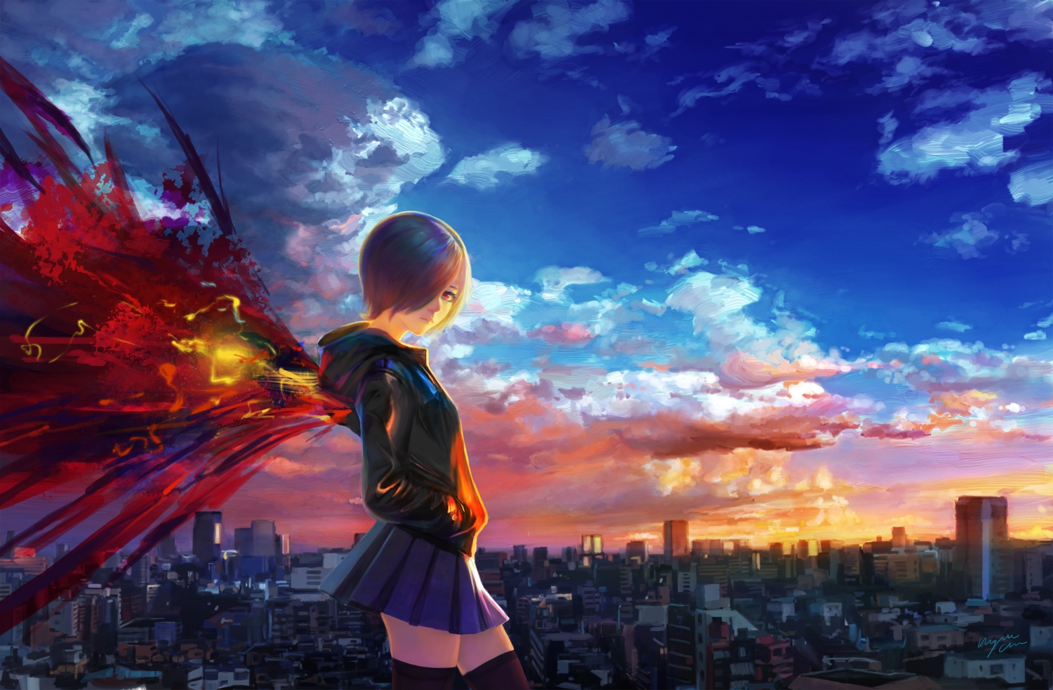 blue_hair, building, city, clouds, kirishima_touka, red_eyes, short_hair, signed