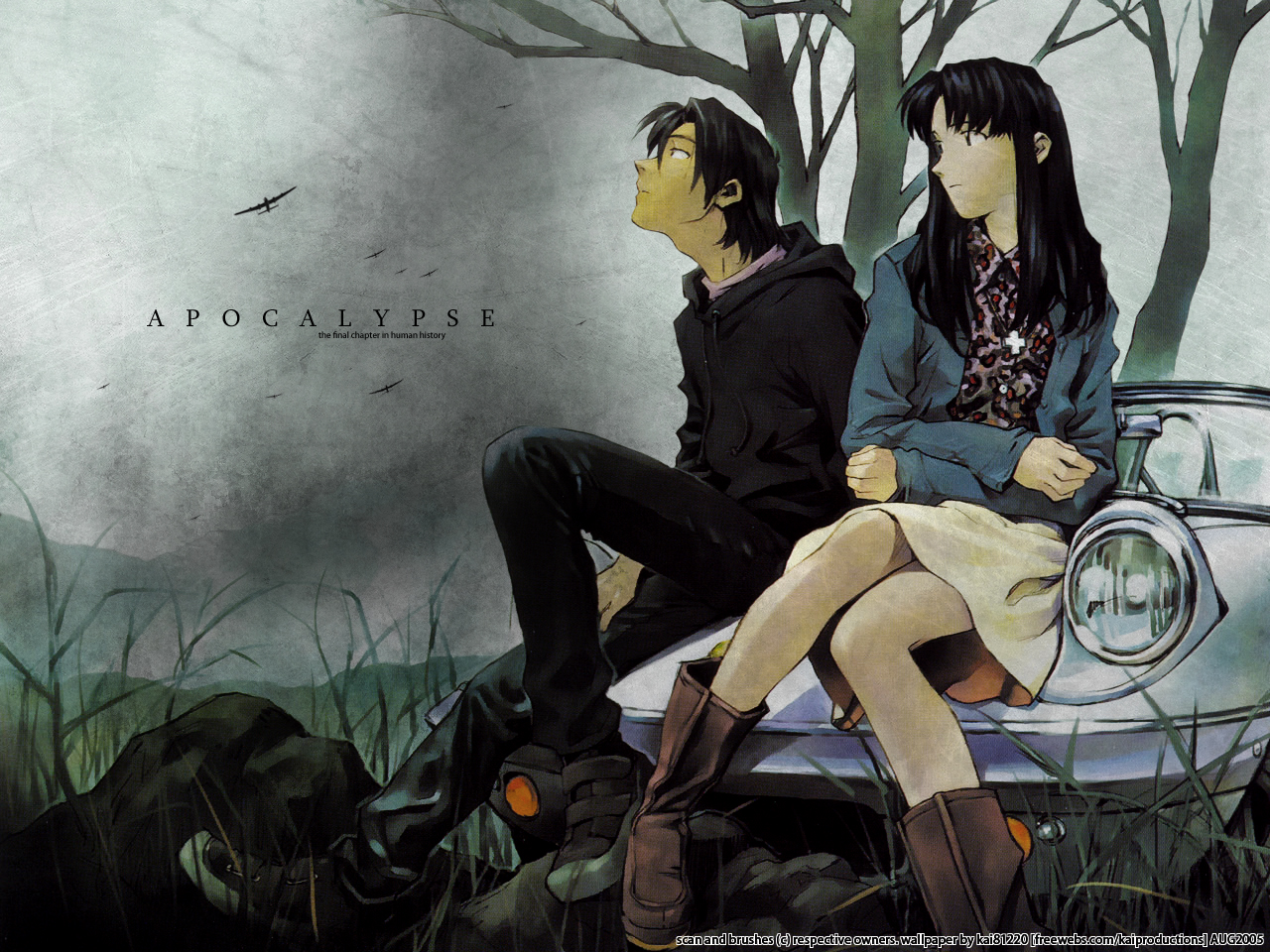aircraft, boots, car, katsuragi_misato, male, neon_genesis_evangelion, ryoji_kaji, sadamoto_yoshiyuki, tree