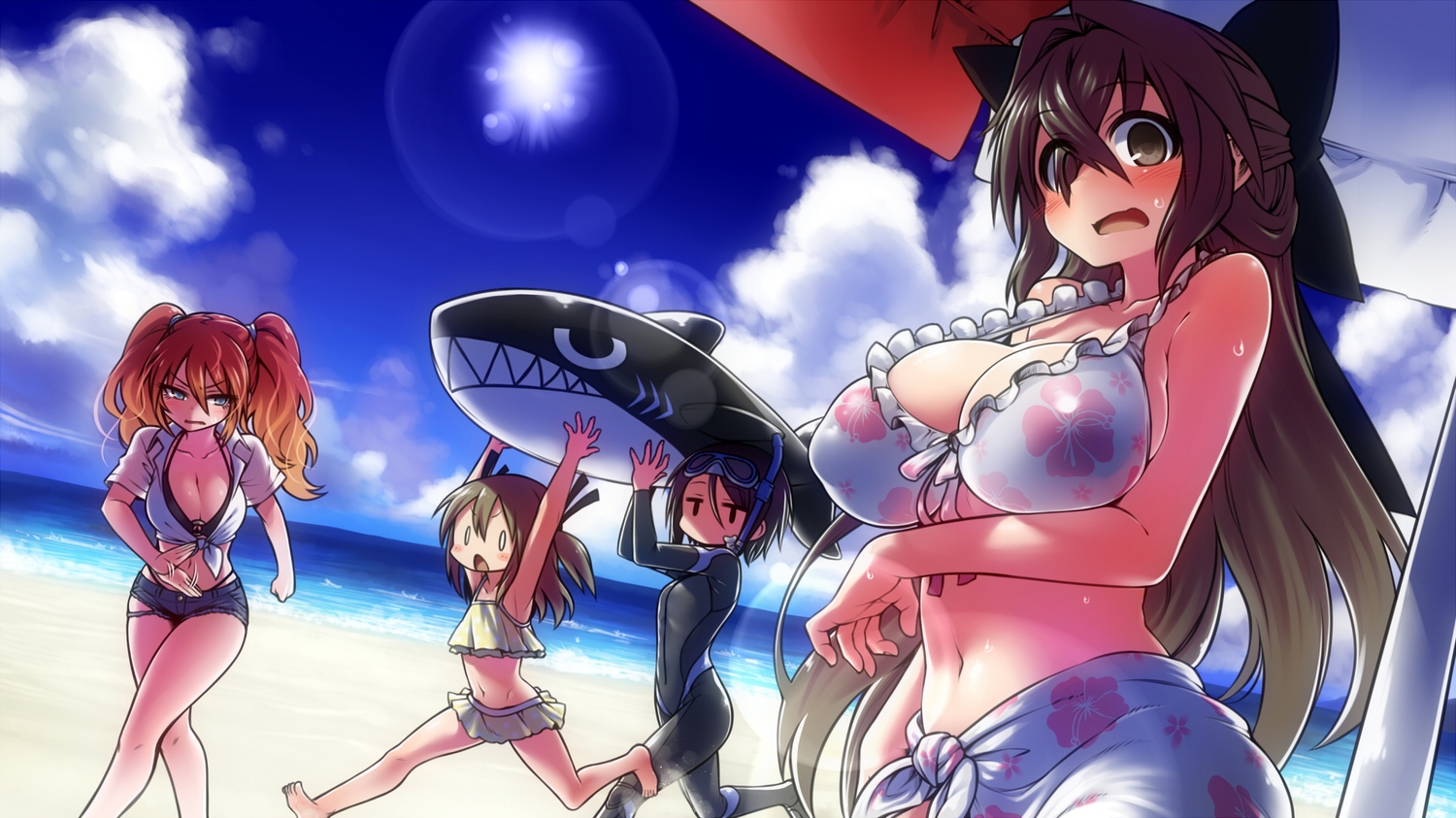 beach, bikini, blue_eyes, blush, bodysuit, breast_hold, breasts, brown_eyes