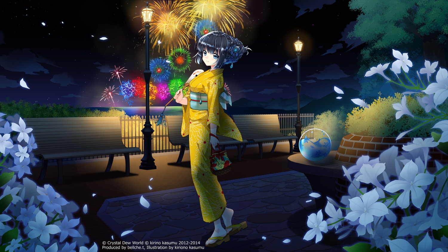 black_hair, blue_eyes, crystal_dew_world, fireworks, japanese_clothes, kirino_kasumu, night, petals