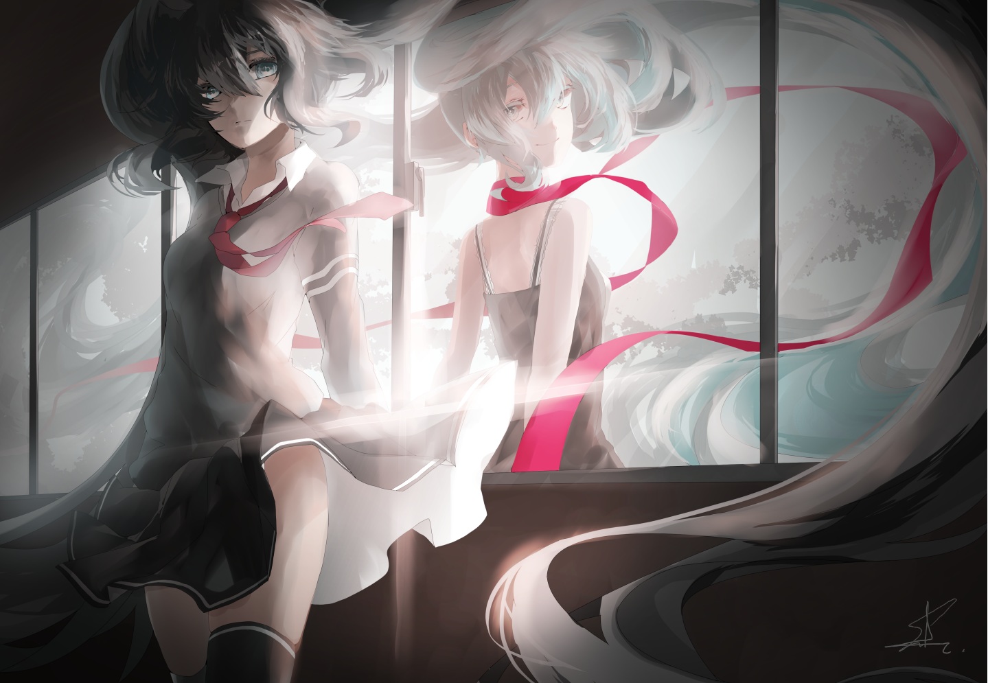 black_hair, hatsune_miku, monochro_blue_sky_(vocaloid), ribbons, saihate, school_uniform, signed, vocaloid
