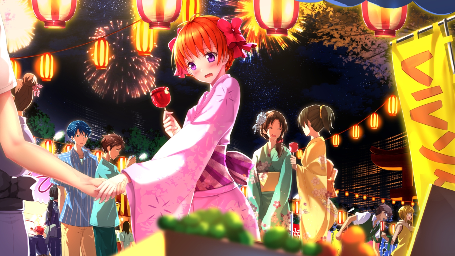blue_hair, blush, brown_hair, festival, fireworks, gekkan_shoujo_nozaki-kun, group, hori_masayuki