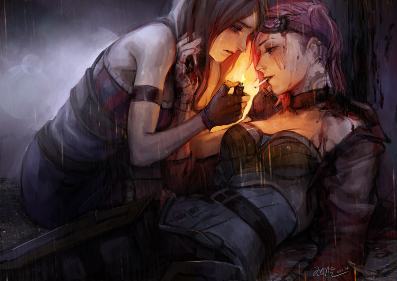 2girls, blood, brown_hair, caitlyn, cigarette, fire, goggles, league_of_legends