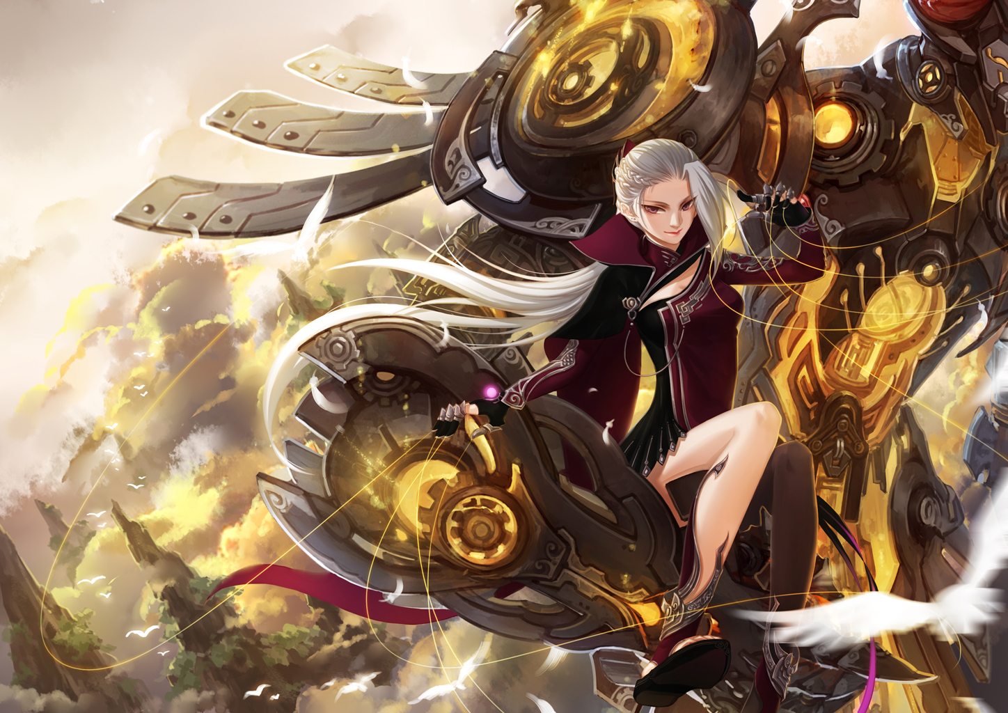 animal, bird, gray_hair, huazha01, mecha, original