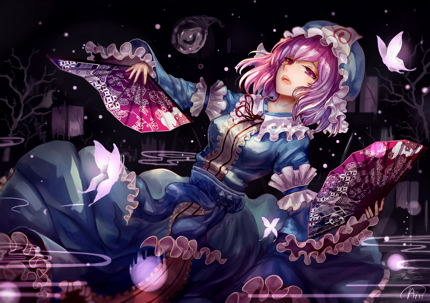 butterfly, fan, hat, japanese_clothes, kiyomasa_ren, pink_eyes, pink_hair, saigyouji_yuyuko