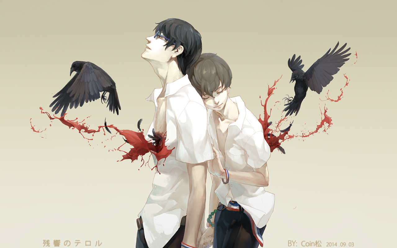 all_male, animal, bird, blood, coinsong, glasses, hisami_touji, kokonoe_arata, male, watermark, zankyou_no_terror
