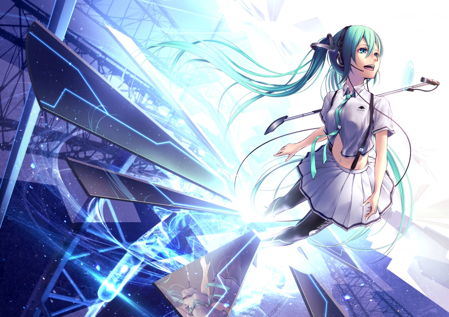 aqua_eyes, aqua_hair, hatsune_miku, headphones, long_hair, oki_(koi0koi), pantyhose, school_uniform