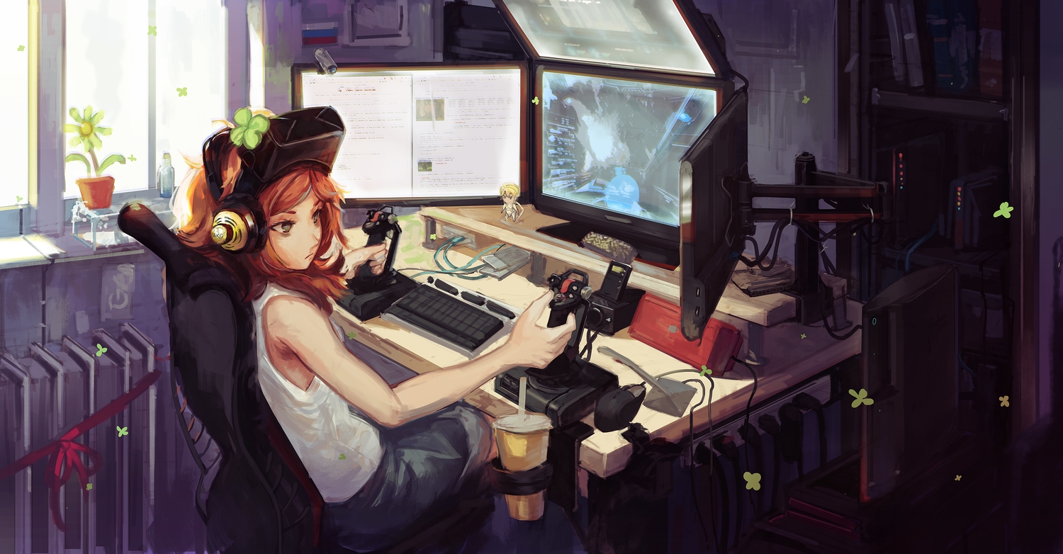 black_eyes, book, computer, doomfest, drink, game_console, headphones, long_hair, red_hair, star_citizen, vivian_james