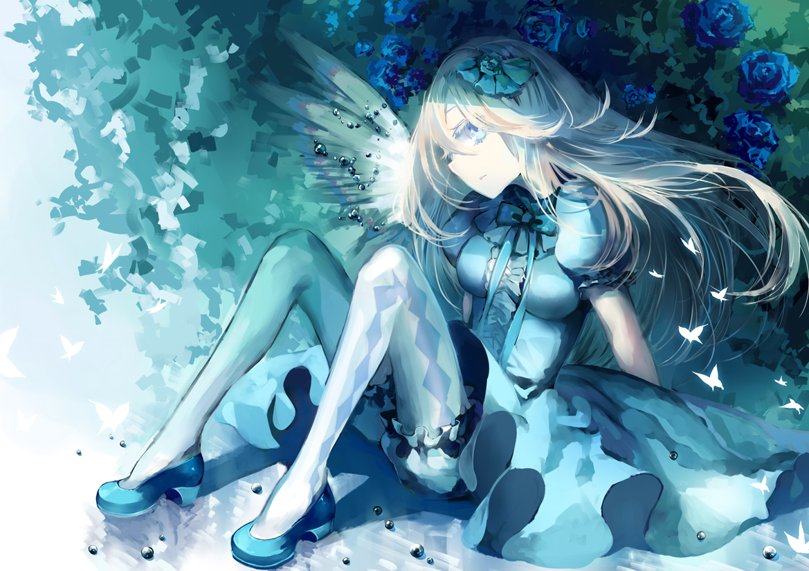 butterfly, canegouzi, dress, flowers, long_hair, original, pantyhose, rose, shorts, white_hair, wings