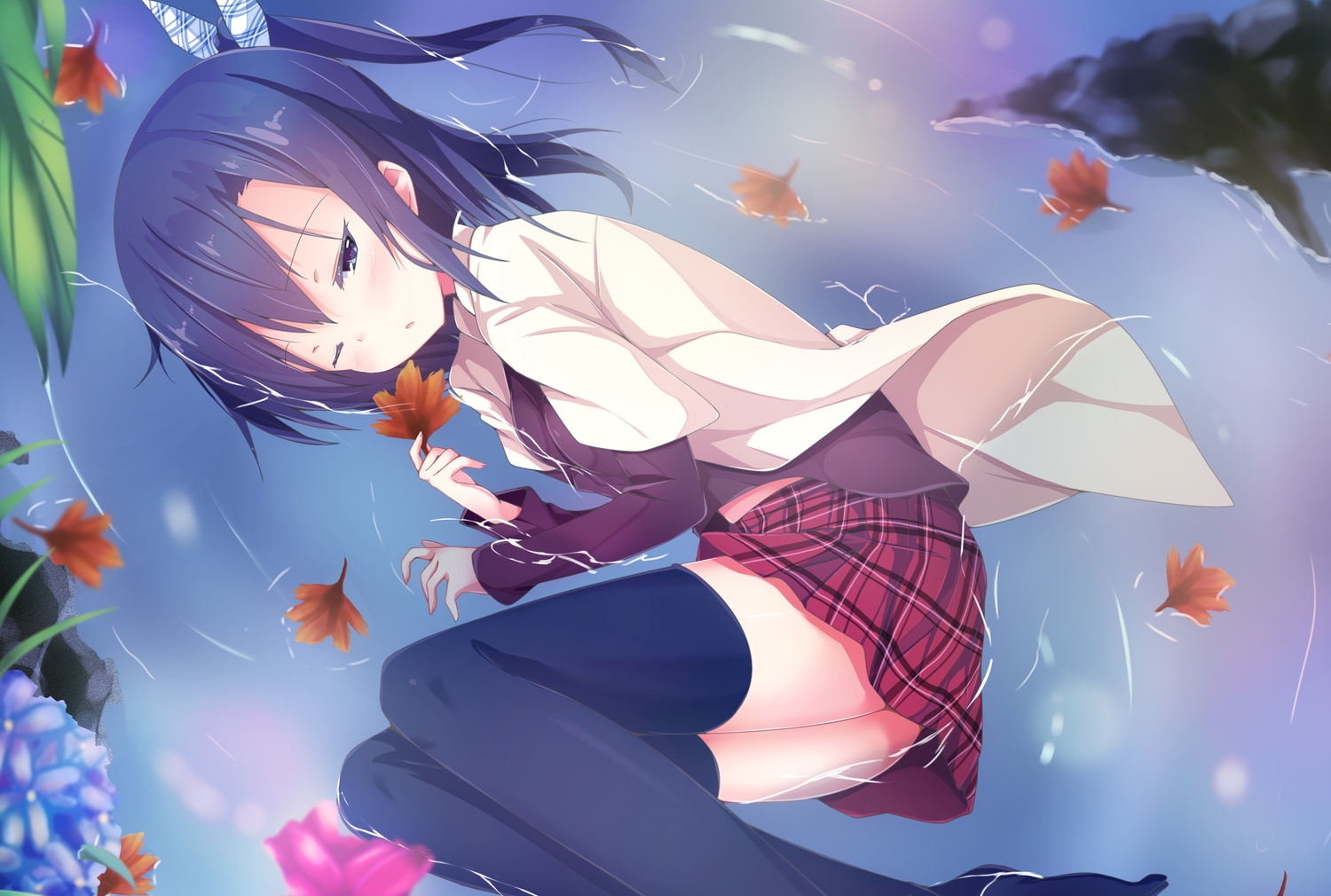 blue_eyes, blue_hair, erimu, leaves, original, ponytail, skirt, thighhighs, water