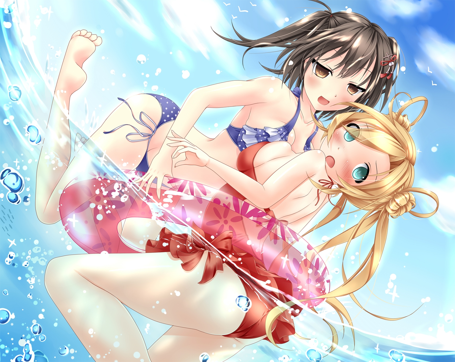 2girls, abukuma_(kancolle), akairo_no_mako, anthropomorphism, aqua_eyes, barefoot, bikini, blonde_hair