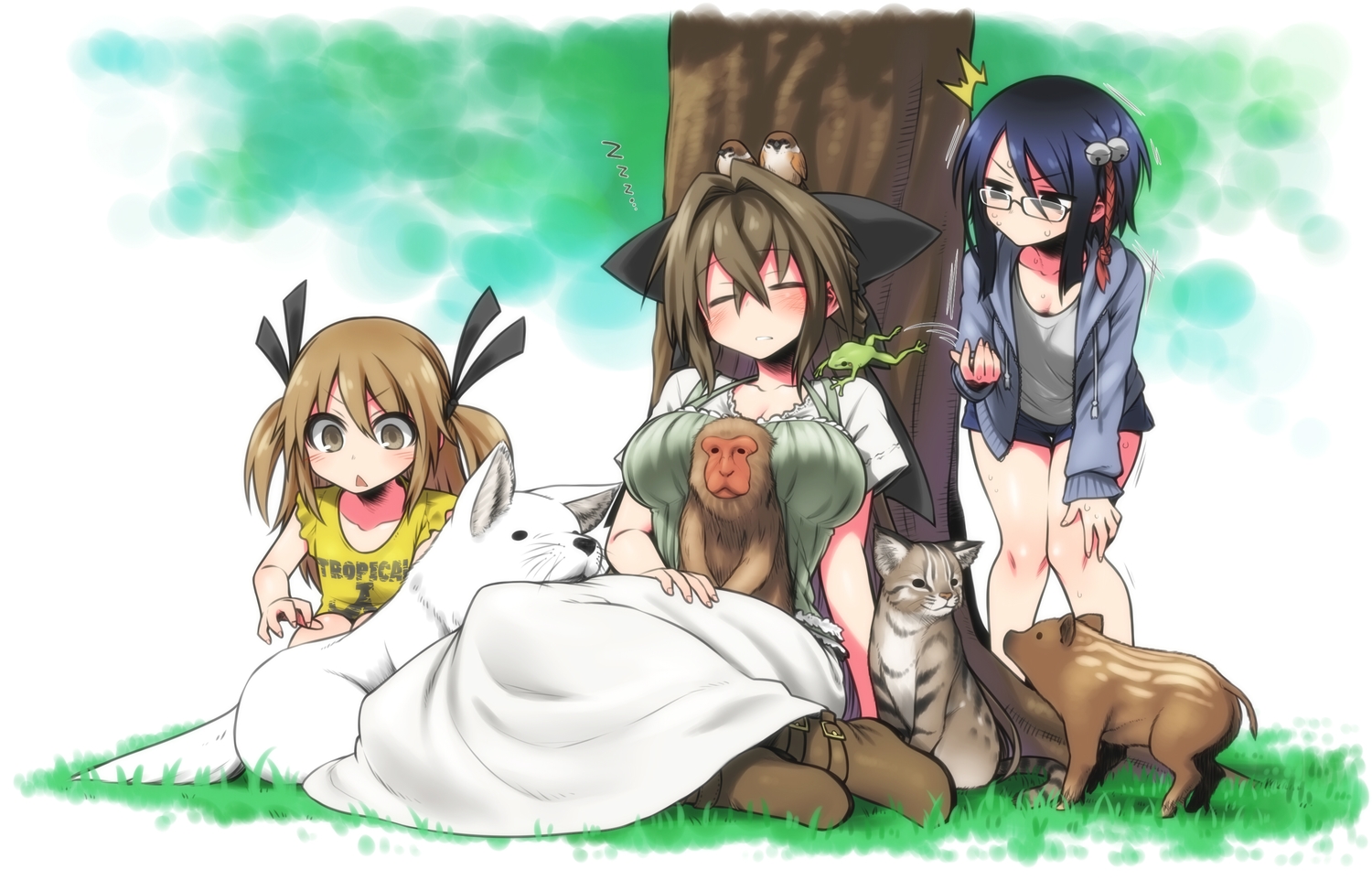 animal, cat, chankodining_waka, dog, glasses, original, sleeping