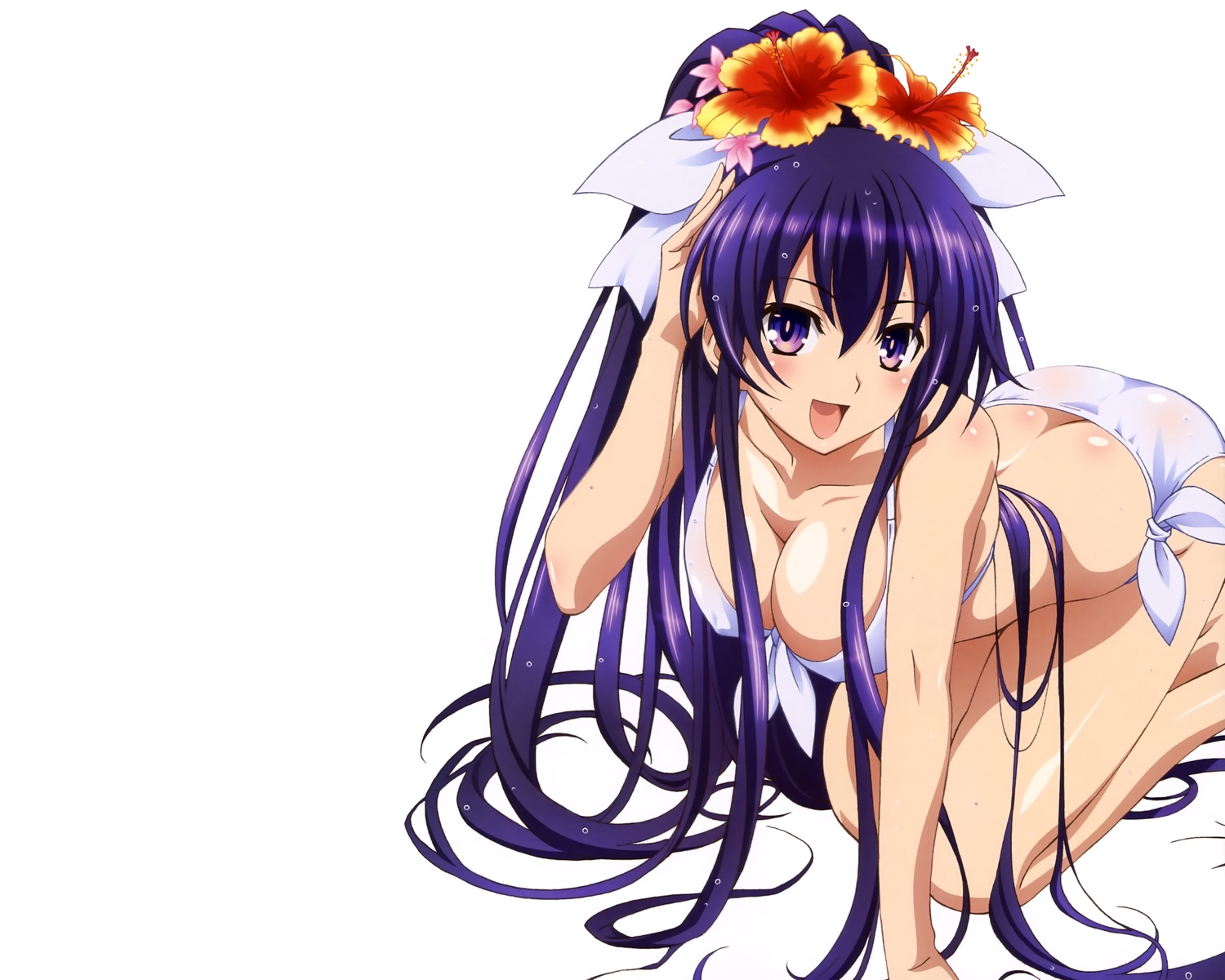 bikini, breasts, cleavage, date_a_live, erect_nipples, long_hair, nyantype, ponytail