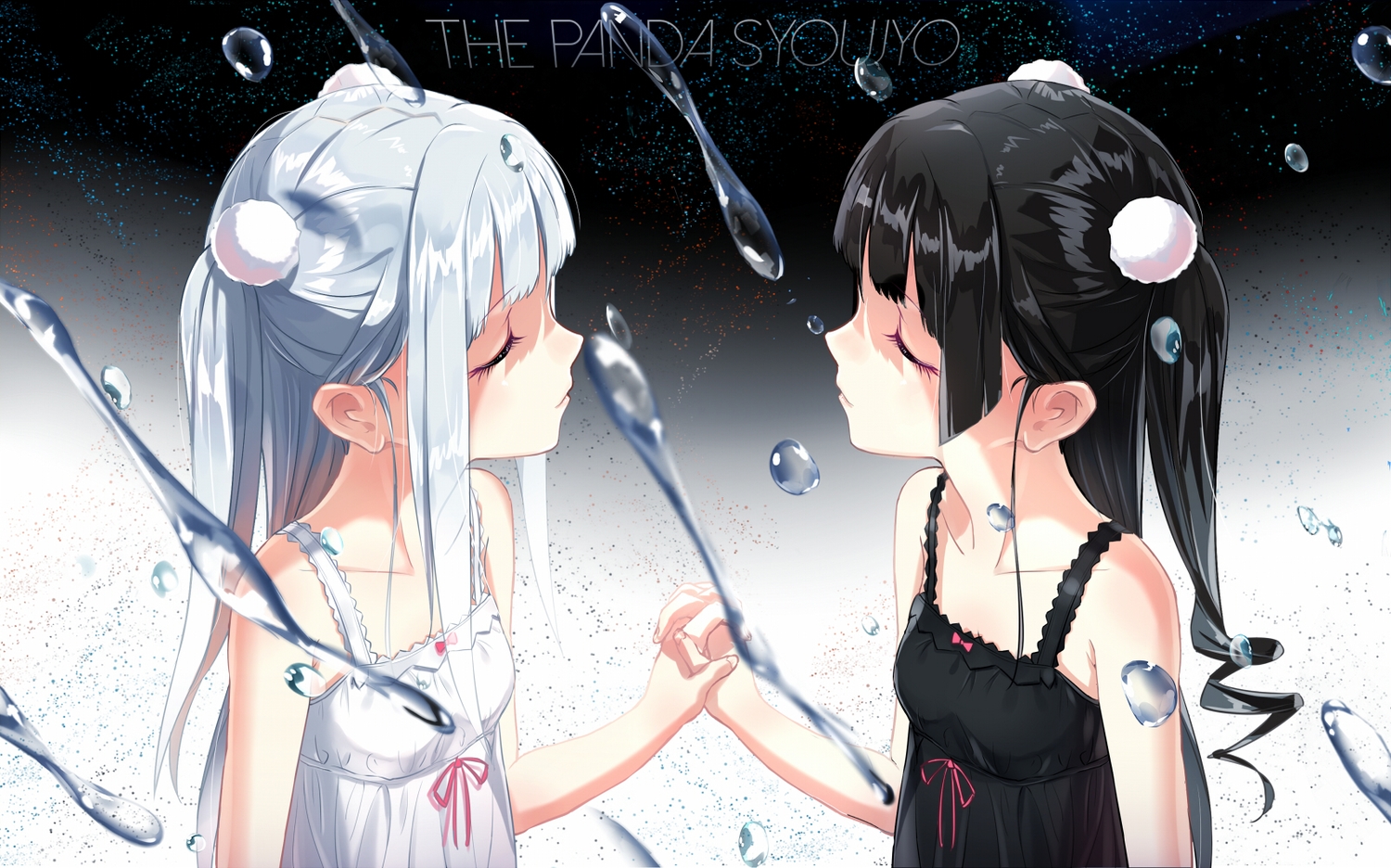 2girls, black_hair, dress, long_hair, original, phantania, shoujo_ai, white_hair