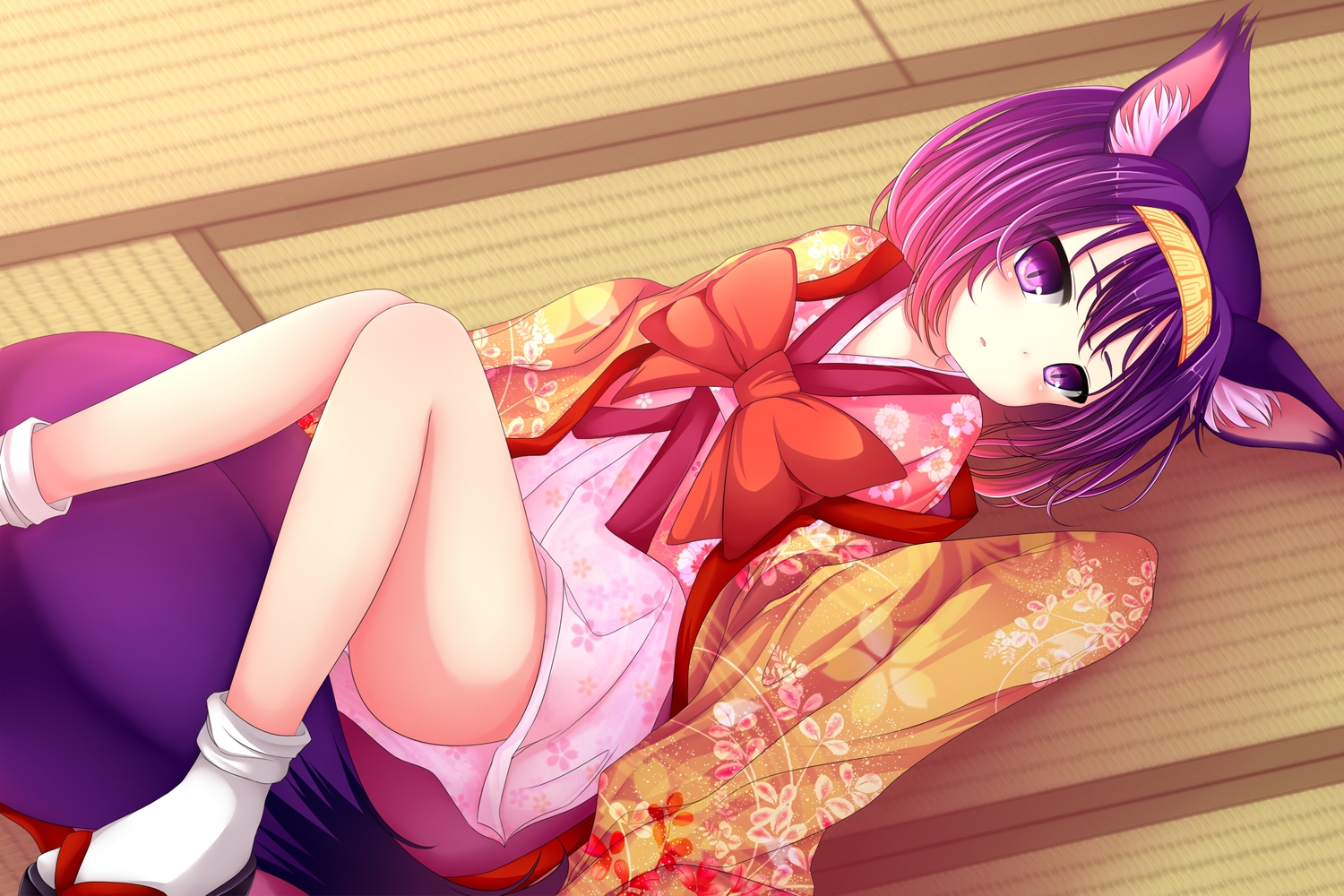 animal_ears, blush, bow, foxgirl, hatsuse_izuna, headband, japanese_clothes, kimono, loli, no_game_no_life, purple_hair, short_hair, socks, tagme_(artist), tail