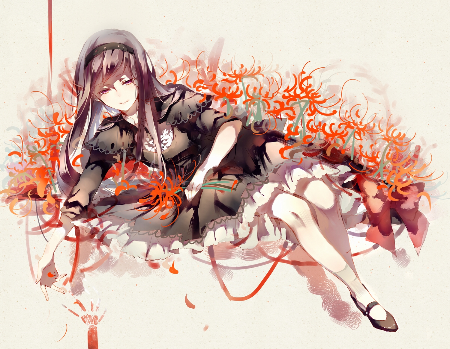 akemi_homura, black_hair, dress, flowers, headband, long_hair, mahou_shoujo_madoka_magica, pink_eyes