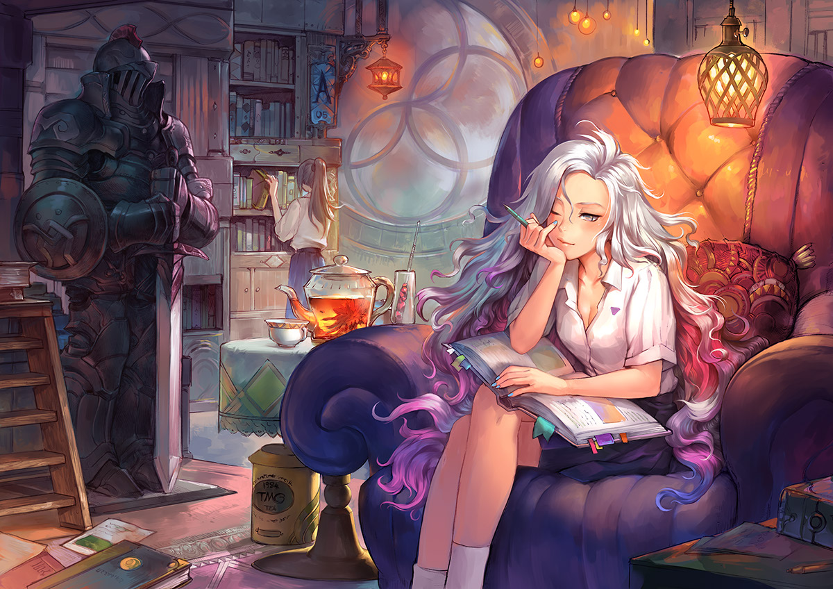 2girls, armor, book, dark_skin, drink, gray_eyes, jpeg_artifacts, long_hair