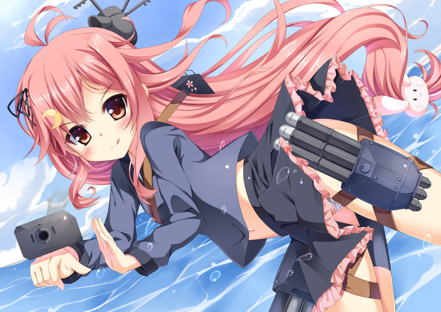 anthropomorphism, blush, fujieda_uzuki, kantai_collection, long_hair, navel, panties, pink_eyes, pink_hair, skirt, striped_panties, underwear, uzuki_(kancolle), water
