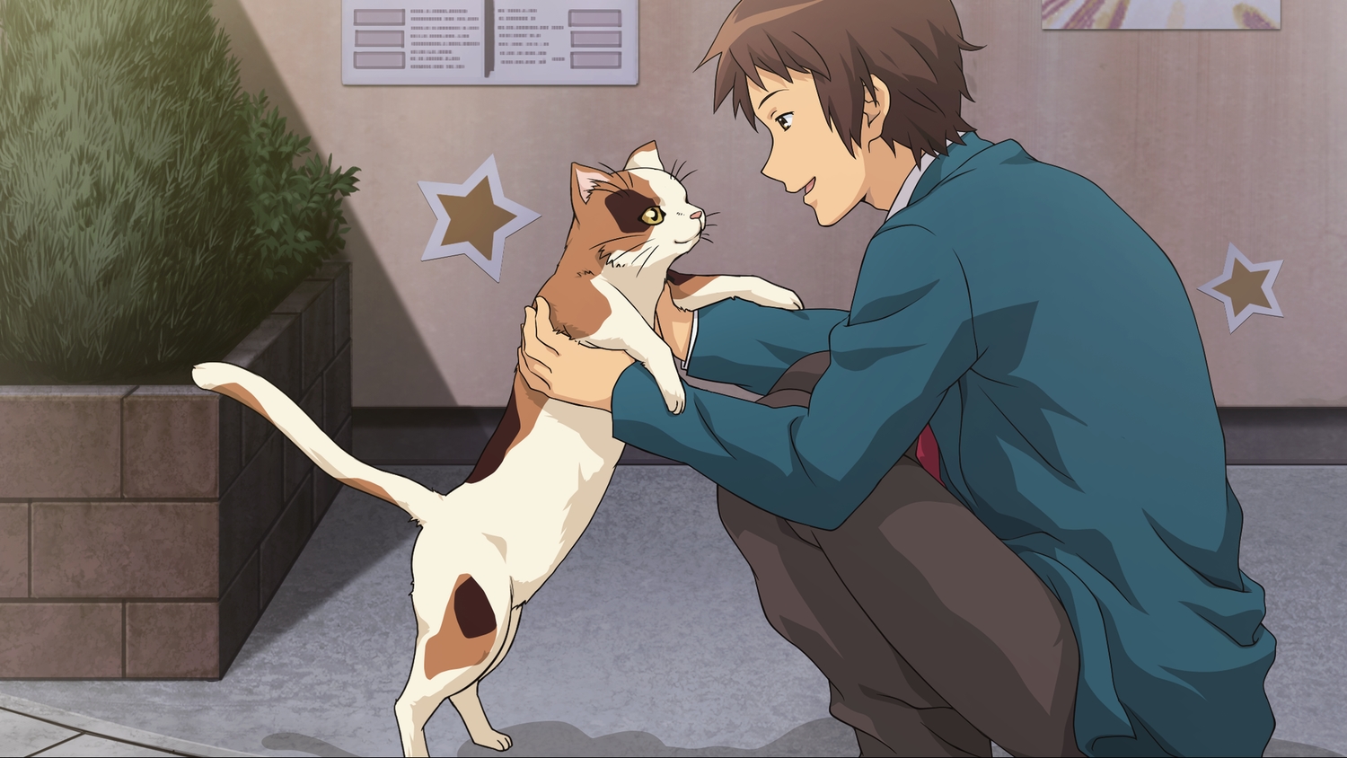 all_male, animal, brown_eyes, brown_hair, cat, game_cg, kyon, male