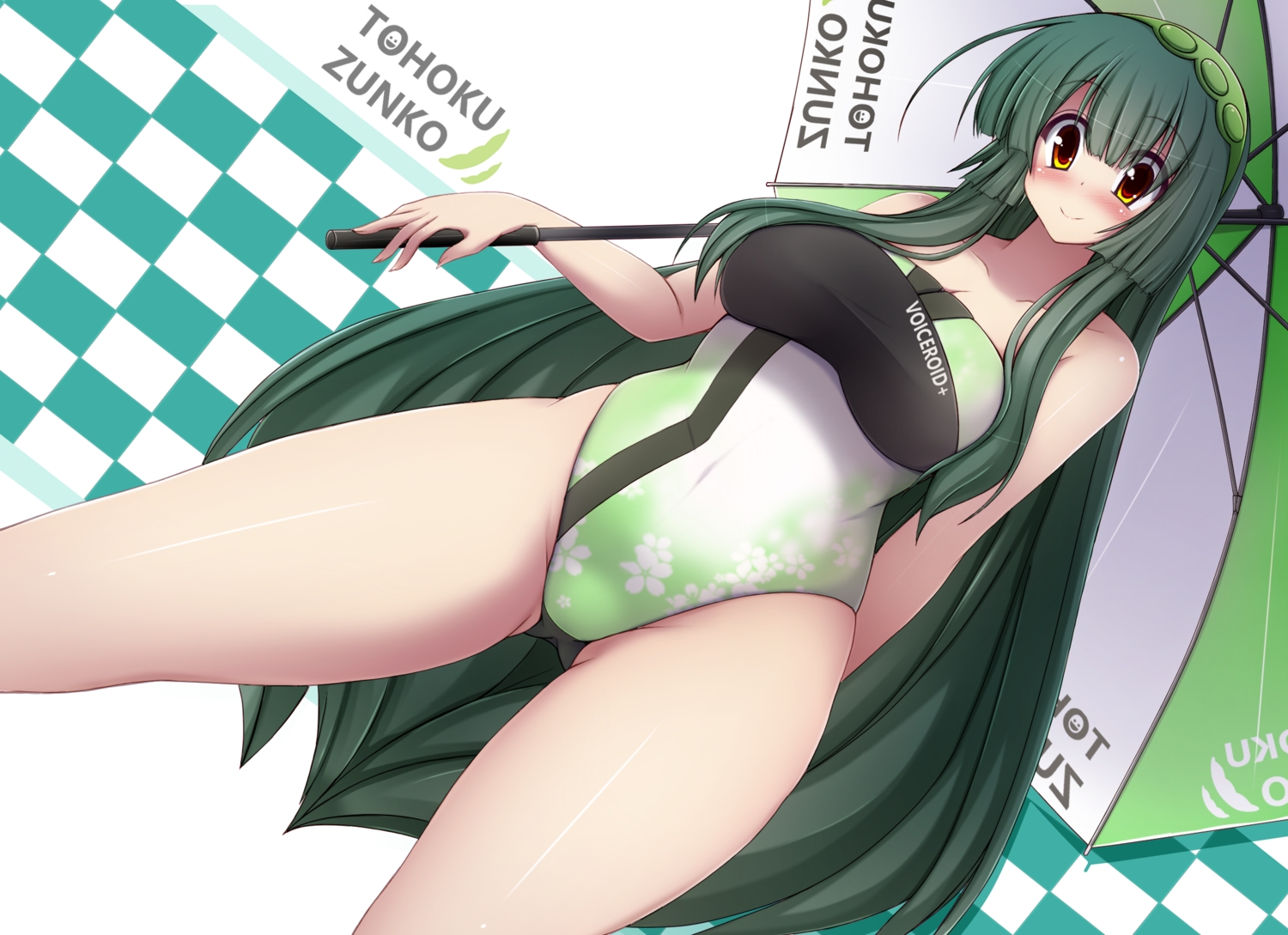 blush, green_hair, long_hair, swimsuit, touhoku_zunko, umbrella, vocaloid, voiceroid, yuzumiya_mono