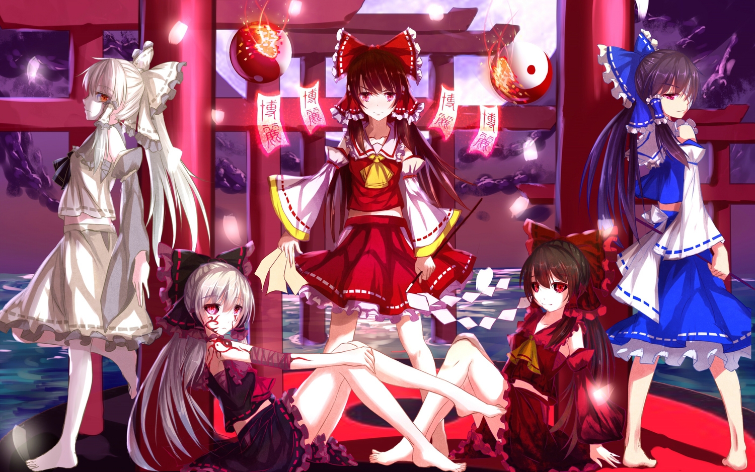 bakanoe, barefoot, black_hair, bow, brown_hair, group, hakurei_reimu, japanese_clothes