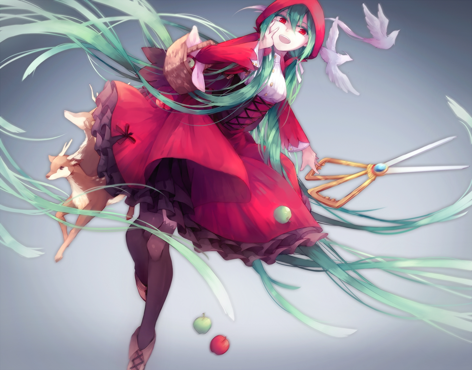 animal, aqua_hair, bird, dress, hatsune_miku, little_red_riding_hood, long_hair, lyodi, red_eyes, vocaloid
