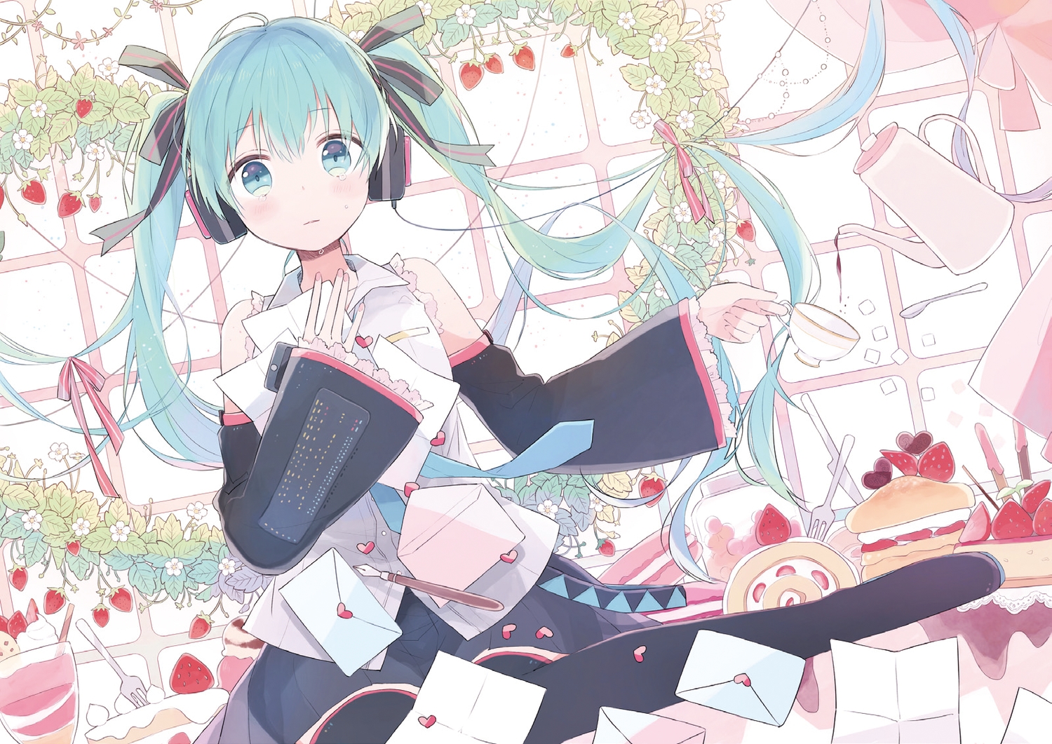 blue_eyes, blue_hair, blush, food, fruit, gomi_chiri, hatsune_miku, jpeg_artifacts, paper, strawberry, tears, twintails, vocaloid
