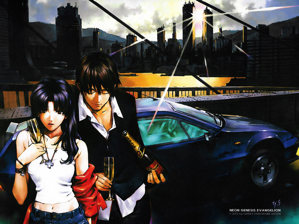 car, katsuragi_misato, neon_genesis_evangelion, ryoji_kaji, sadamoto_yoshiyuki