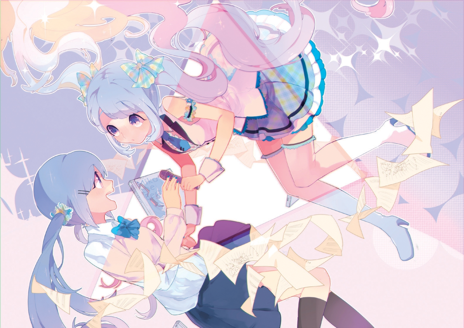 blue_eyes, blue_hair, hassan_(sink916), hatsune_miku, microphone, paper, twintails, vocaloid