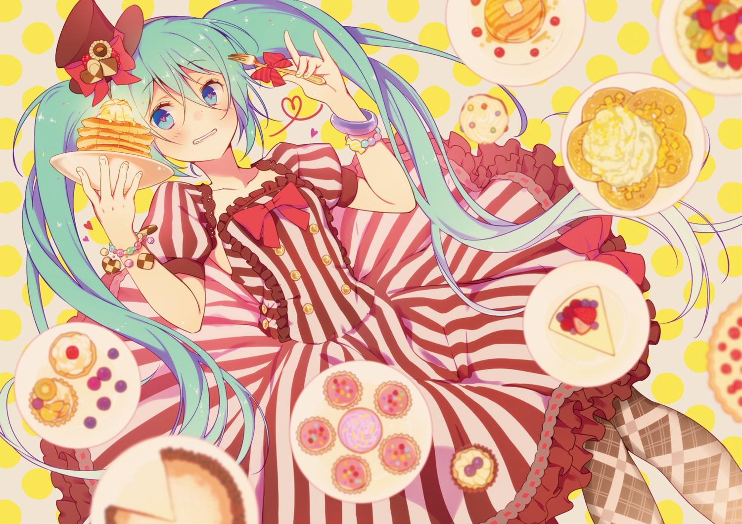 aqua_hair, blue_eyes, dress, food, hat, hatsune_miku, twintails, vocaloid