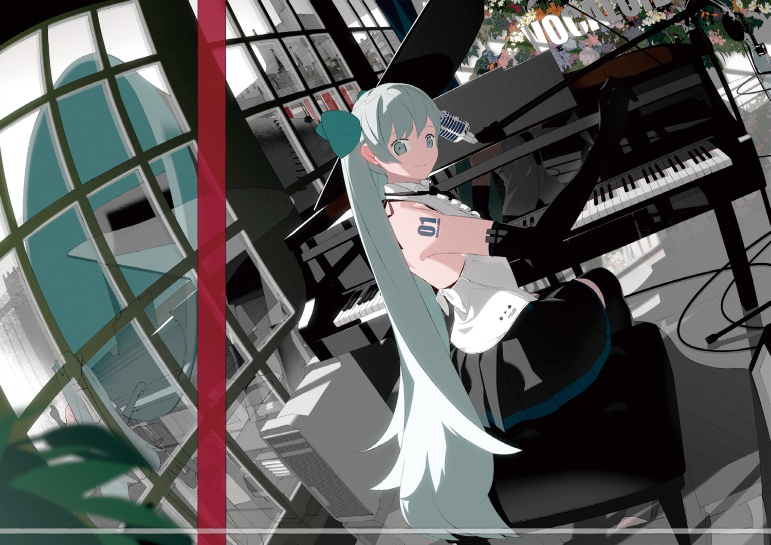 bthx, computer, elbow_gloves, gloves, gray_eyes, gray_hair, guitar, hatsune_miku, instrument, long_hair, microphone, piano, twintails, vocaloid