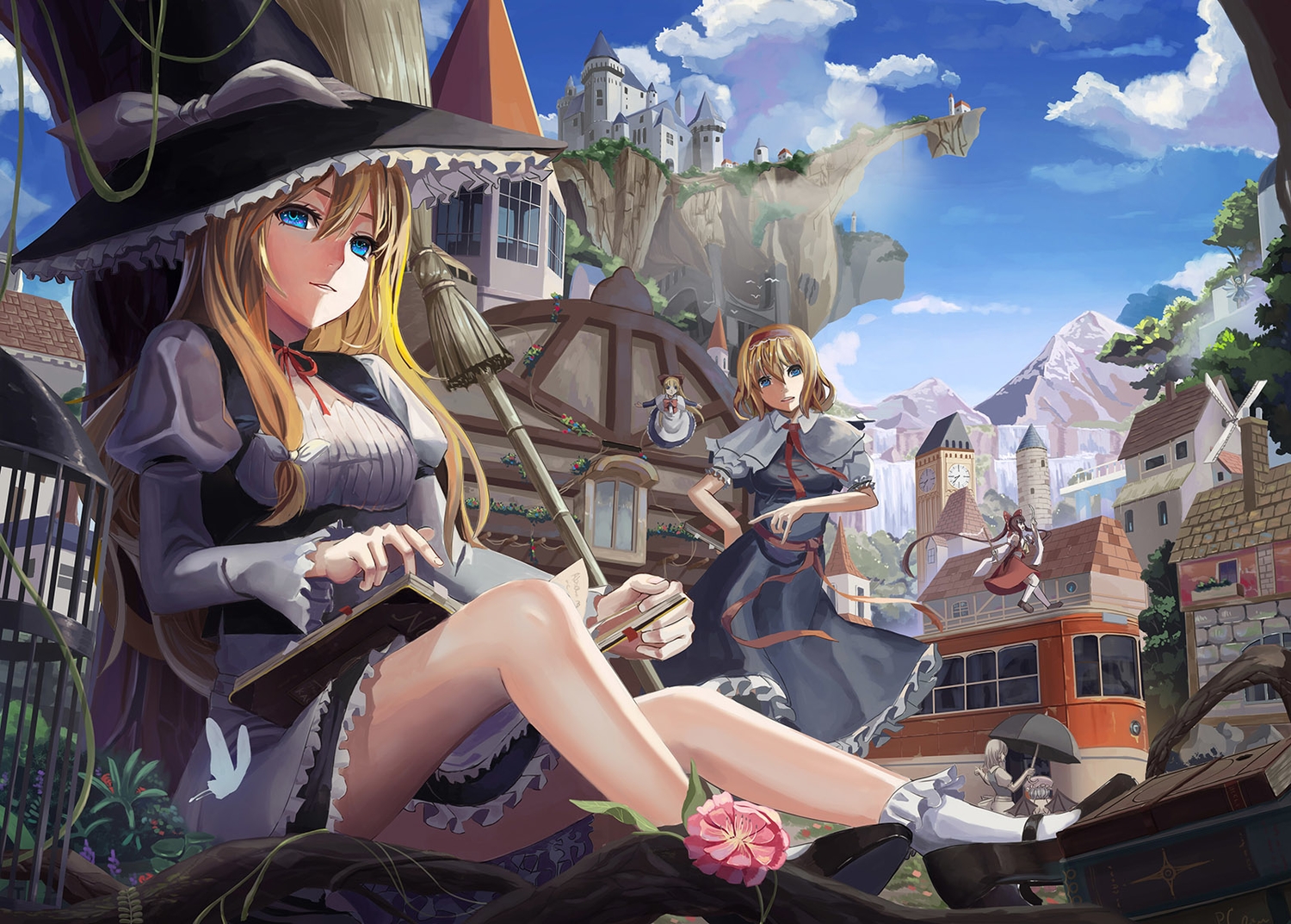 alice_margatroid, aqua_eyes, blonde_hair, book, building, cirno, doll, dress, fairy, flowers, group, hakurei_reimu, hat, headband, izayoi_sakuya, japanese_clothes, jpeg_artifacts, kirisame_marisa, long_hair, maid, miko, rayxray, remilia_scarlet, ribbons, shanghai_doll, short_hair, socks, touhou, tree, umbrella, vampire, witch, witch_hat