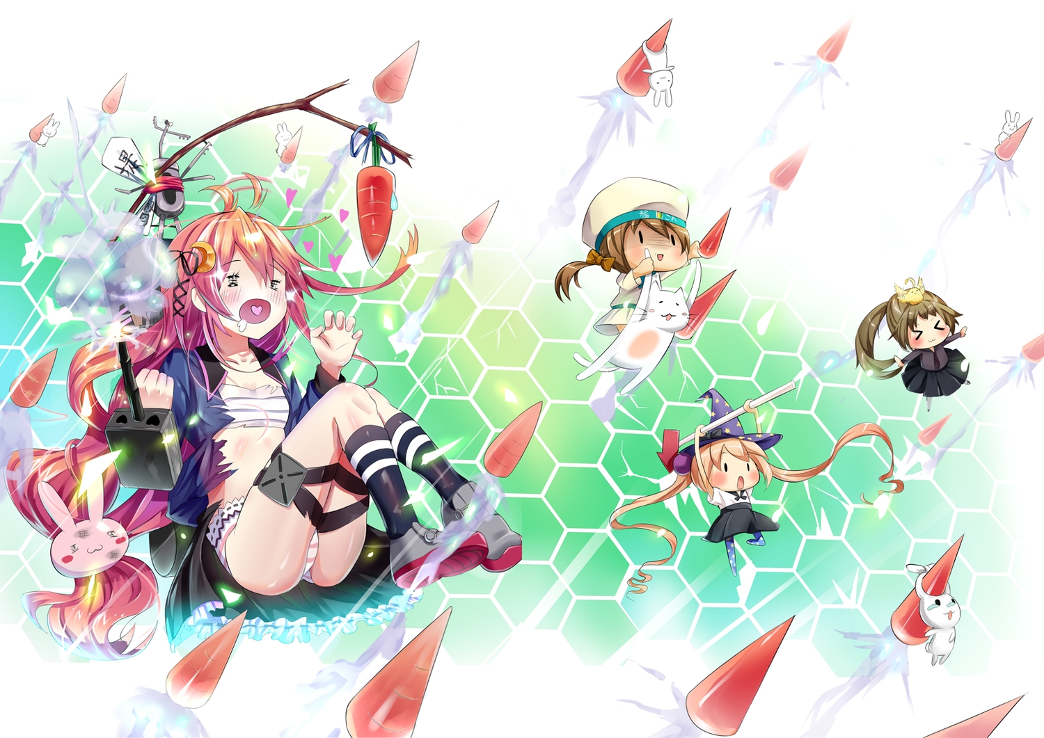 anthropomorphism, error_musume_(kancolle), himonoata, hiyoko_(kancolle), kantai_collection, majokko_(kancolle), rashinban_musume_(kancolle), uzuki_(kancolle)