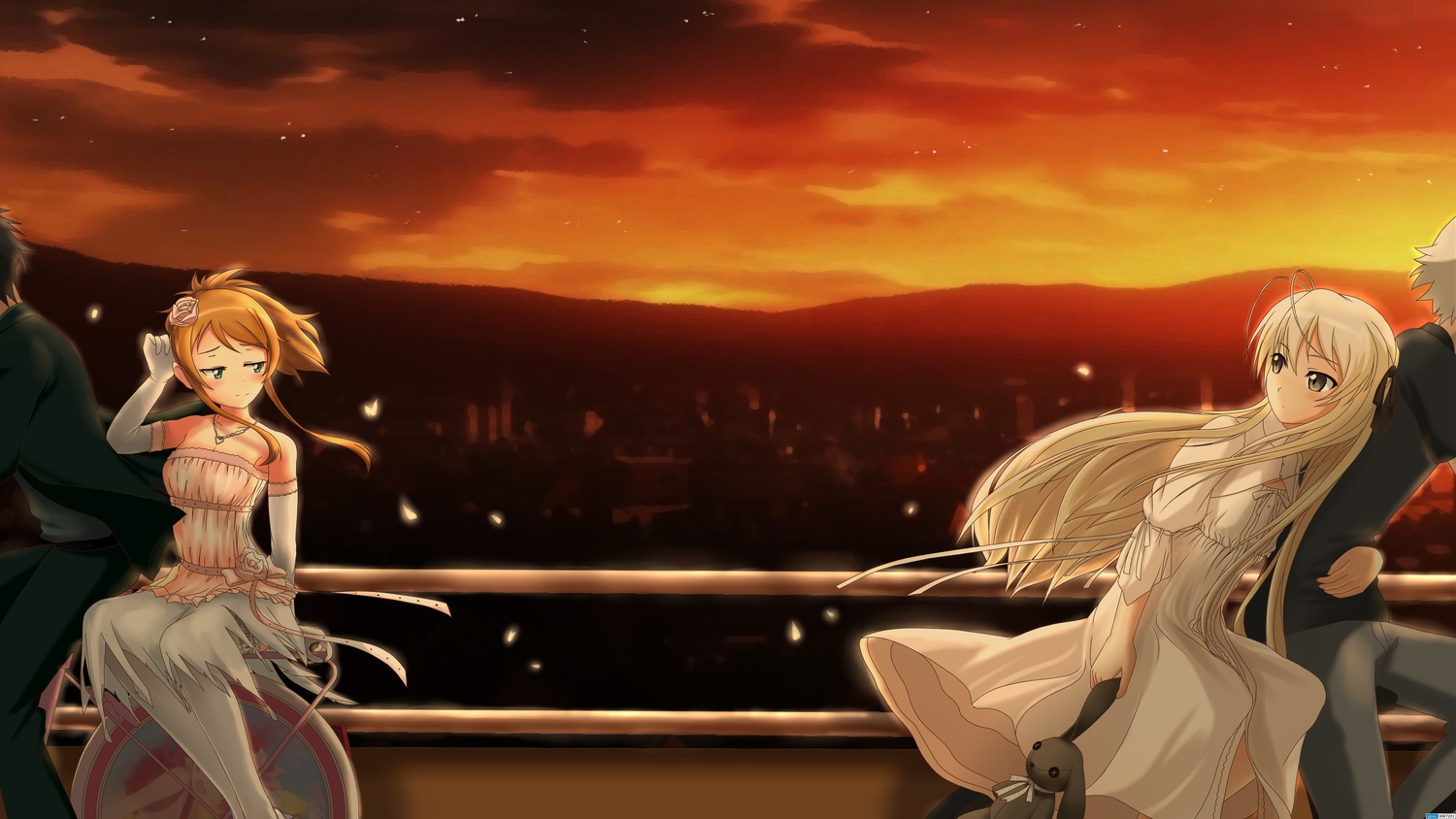 bicycle, blonde_hair, bunny, crossover, dress, elbow_gloves, gloves, gray_eyes, heli-kotohime, kasugano_haruka, kasugano_sora, kousaka_kirino, kousaka_kyousuke, long_hair, male, necklace, ore_no_imouto_ga_konna_ni_kawaii_wake_ga_nai, sunset, yosuga_no_sora