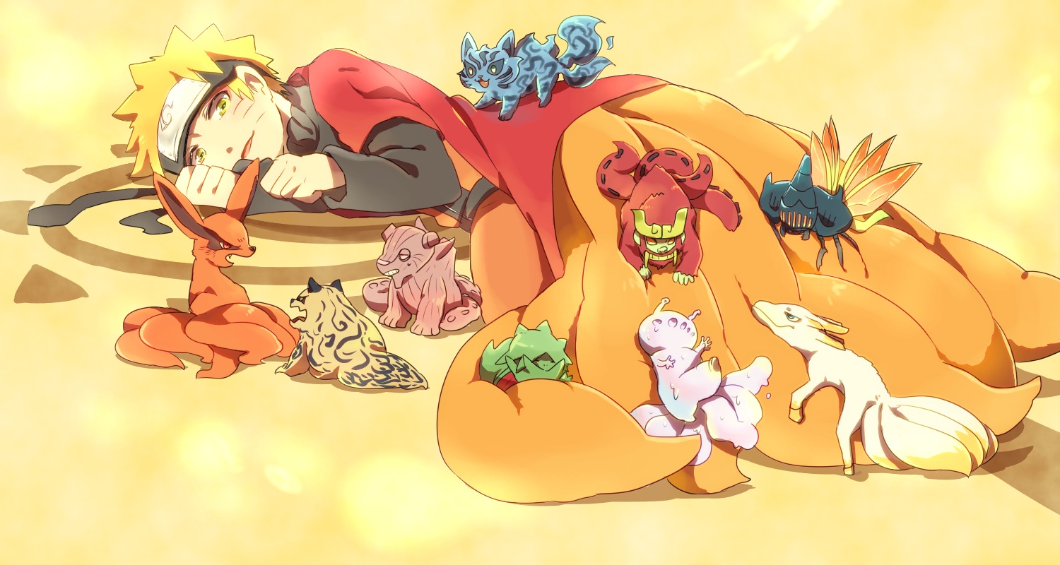 all_male, blonde_hair, chibi, chomei_(naruto), fang, gyuki_(naruto), headband, isobu_(naruto), kokuo_(naruto), kurama_(naruto), male, matatabi_(naruto), multiple_tails, naruto, naruto_shippuden, o96ap, saiken_(naruto), short_hair, shukaku_(naruto), son_goku_(naruto), tail, uzumaki_naruto, yellow_eyes