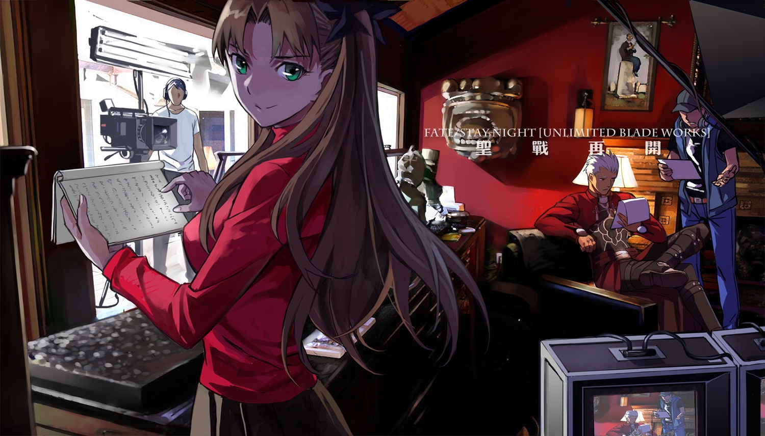 archer, brown_hair, camera, fate_(series), fate/stay_night, green_eyes, hat, headphones, long_hair, male, paper, sanzhuangwangcat, short_hair, skirt, tohsaka_rin, white_hair