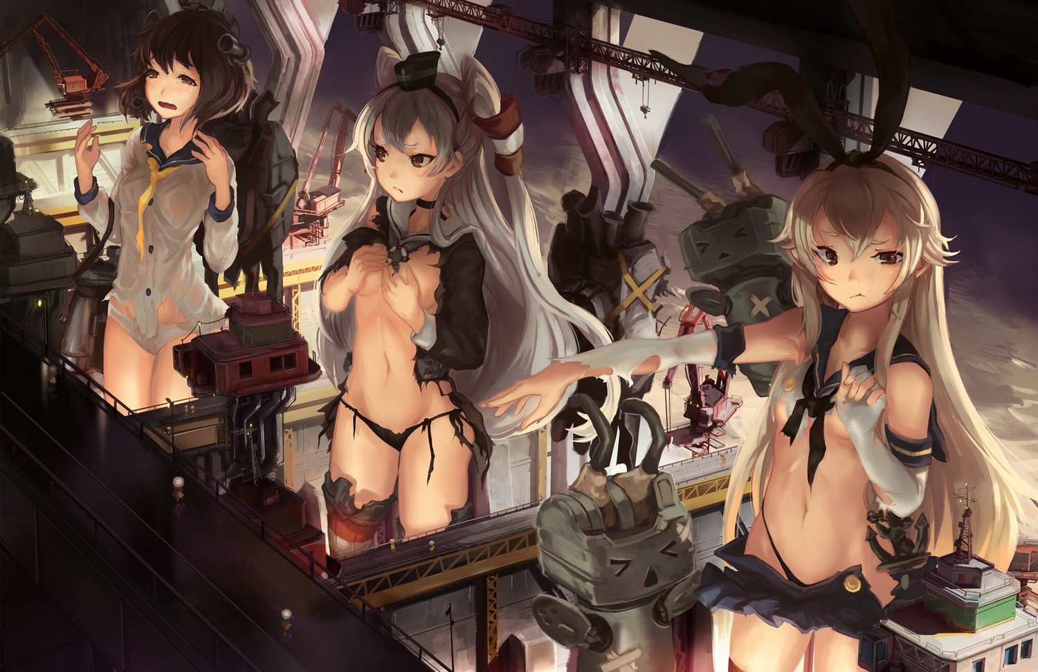 amatsukaze_(kancolle), anthropomorphism, blonde_hair, blush, breast_hold, breasts, brown_eyes, brown_hair, doomfest, elbow_gloves, fairy_(kancolle), gloves, gray_hair, headband, kantai_collection, long_hair, navel, panties, rensouhou-chan, school_uniform, shimakaze_(kancolle), short_hair, skirt, thighhighs, tie, torn_clothes, twintails, underboob, underwear, yukikaze_(kancolle)