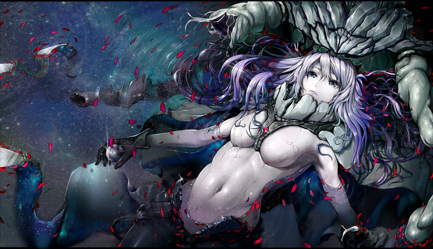 anthropomorphism, blue_eyes, bodysuit, gloves, hisahisahisahisa, jpeg_artifacts, kantai_collection, long_hair, petals, purple_hair, skintight, tears, water, wo-class_aircraft_carrier
