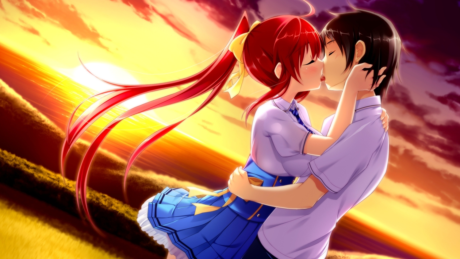 akatsuki_arisa, ano_harewataru_sora_yori_takaku, chiri_(atlanta), chuablesoft, game_cg, kiss, long_hair, ponytail, red_hair, school_uniform, sunset