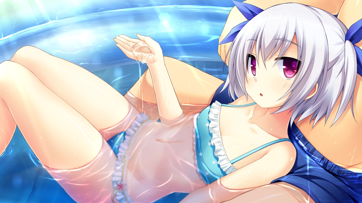 ano_harewataru_sora_yori_takaku, bikini, chiri_(atlanta), chuablesoft, game_cg, gray_hair, pink_eyes, pool, reimei_kaho, short_hair, swimsuit, water