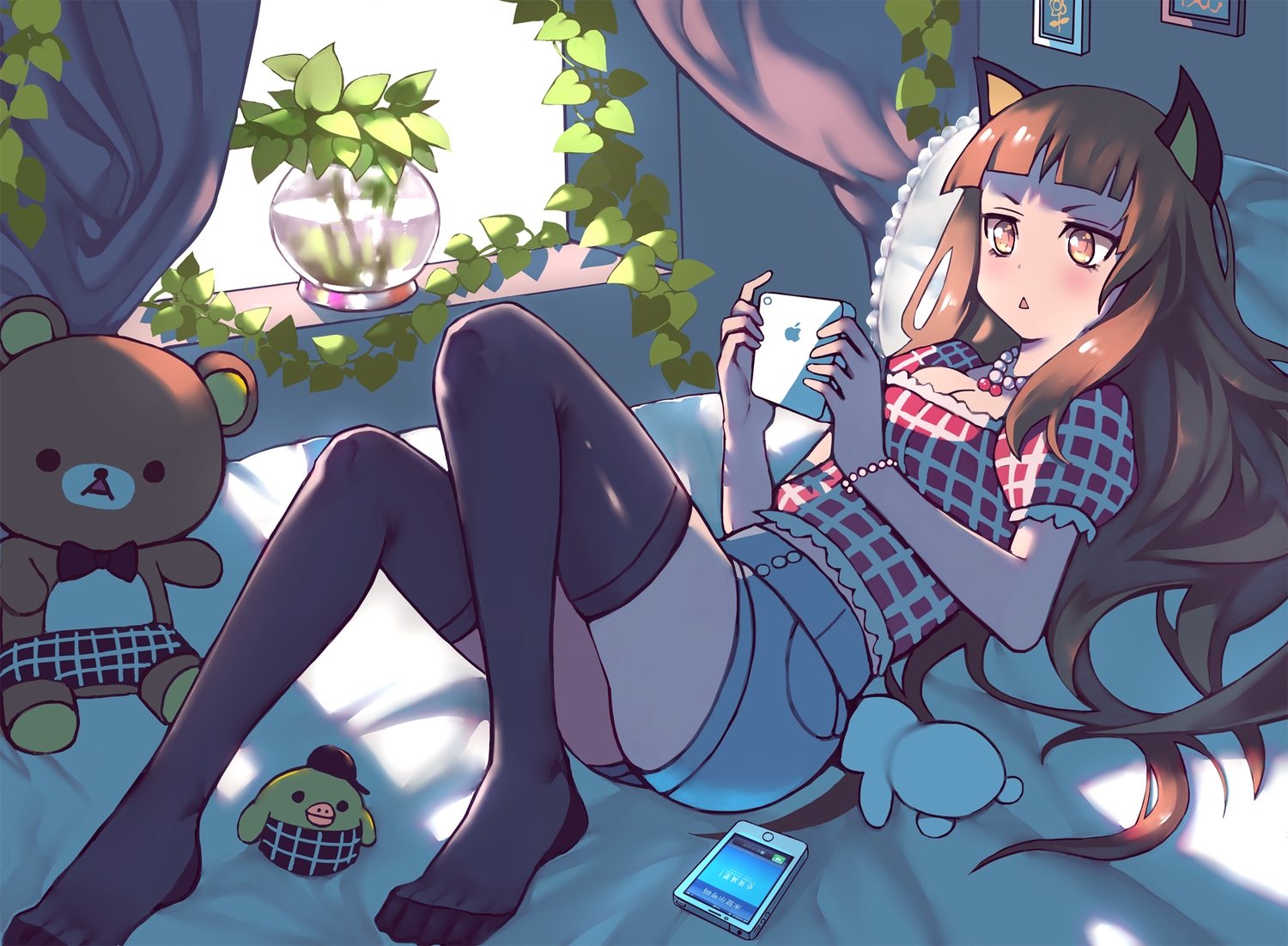 animal_ears, bed, blush, brown_eyes, brown_hair, long_hair, original, phone
