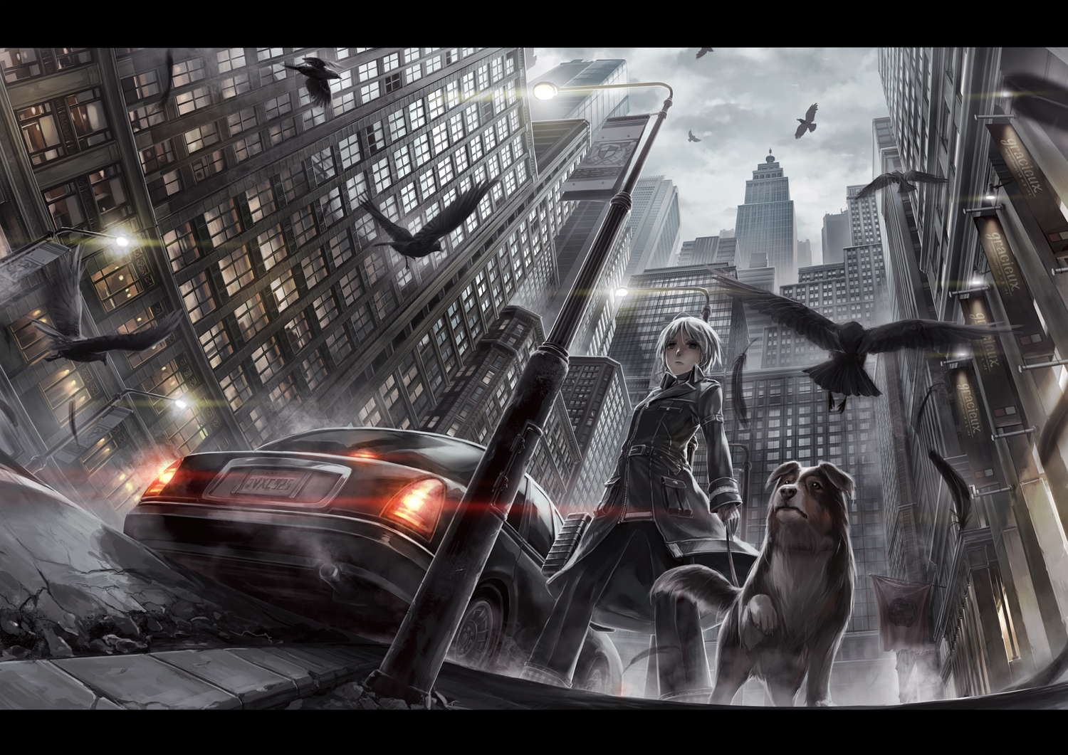 animal, bird, building, car, city, dog, feathers, gray_eyes, lif_(lif-ppp), original, short_hair, white_hair