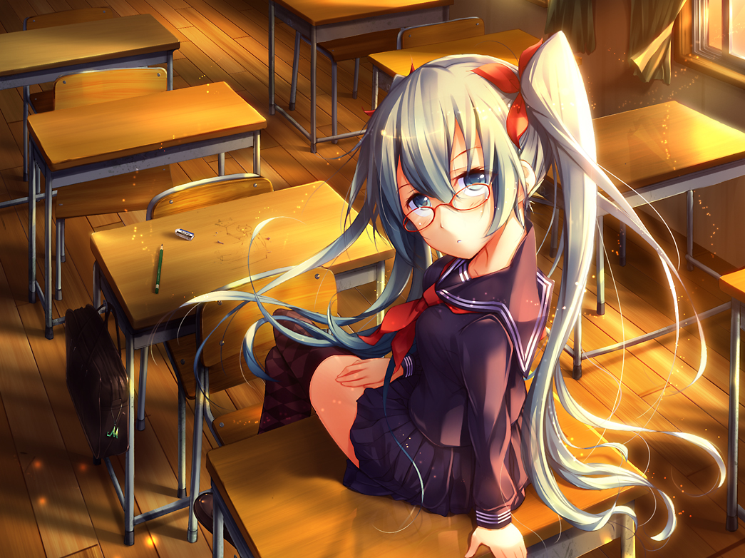 aqua_eyes, aqua_hair, blush, glasses, hatsune_miku, long_hair, mizunoto_nozumi, school_uniform