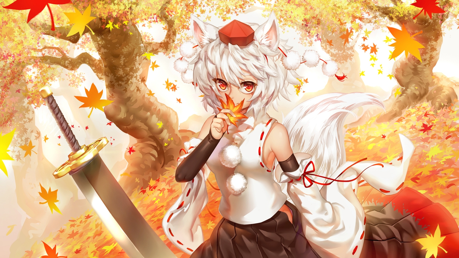 animal_ears, autumn, bobomaster, hat, inubashiri_momiji, leaves, orange_eyes, short_hair